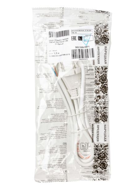 Шнур сетевой с вилкой ПВС-ВП 2x0,75мм2 1,5м б/з белый Народный