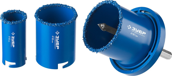 Набор кольцевых коронок "Профессионал" c карбид-вольфрамовым нанесением, 5 предм. в блистере: коронки d 33, 53, 67 мм, основание, сверло ЗУБР