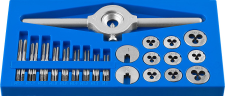 31 предмет, набор метчиков и плашек малых размеров, сталь 9ХС ЗУБР