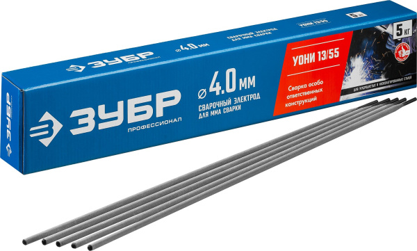 Электрод сварочный УОНИ 13/55 с основным покрытием, d 4.0 х 450 мм, 5 кг в коробке, Профессионал. ЗУБР