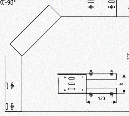 Лоток перфорированный КС 250х50-90 УТ1,5 для поворота трассы вниз на 90, оцинкованный лист S1,5