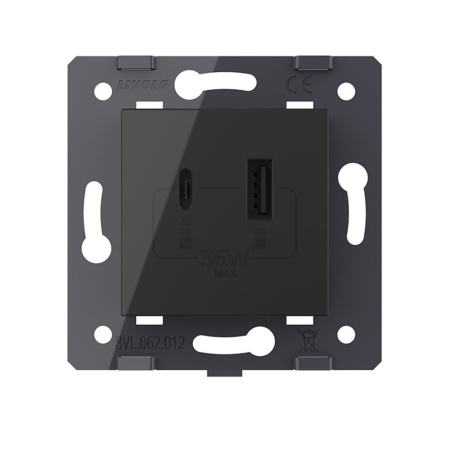 Розетка USB type C+A с блоком питания 36W, цвет черный (механизм) Livolo