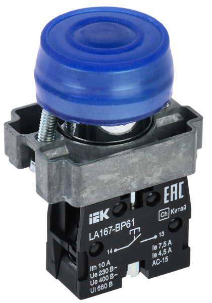 Кнопка управления LA167-BP61 d=22мм 1з синяя IEK