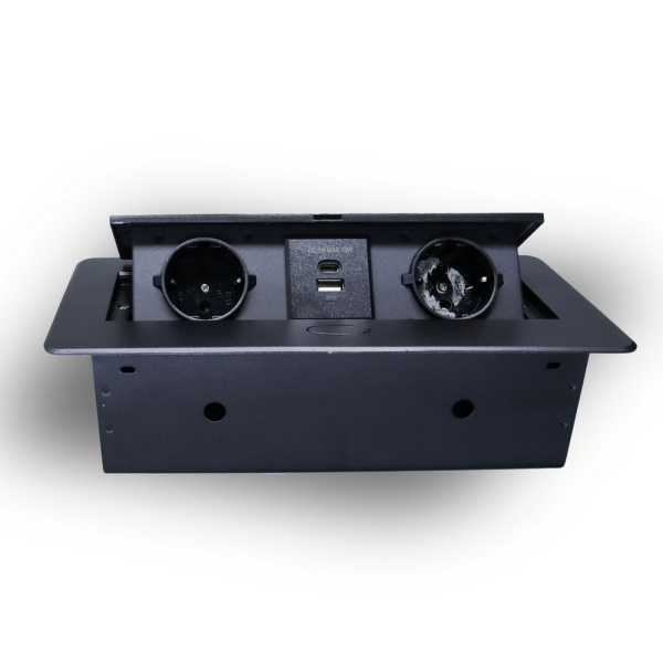 Розетка горизонтальная выдвижная 2 Euro 16A, USB type A+C с блоком 18W проводка, черный RocketSocket