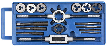 16 предметов, набор метчиков и плашек в пластиковом боксе, сталь 9ХС ЗУБР