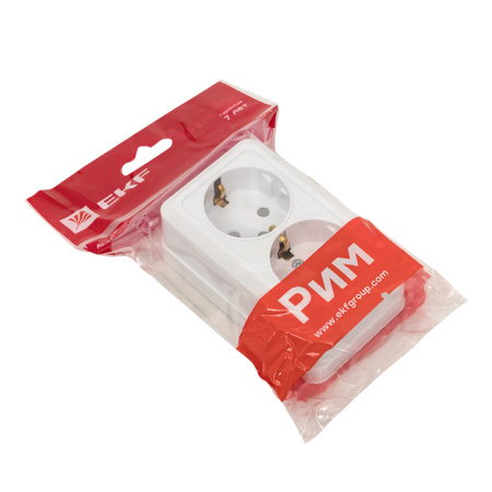 Рим Розетка 2-местная 16А с заземлением белая с защ, штор, EKF