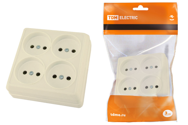 Розетка четырехместная 2П открытой установки IP20 10А сл. кость "Ладога" TDM Розетка четырехместная 2П открытой установки IP20 10А сл. кость "Ладога" TDM