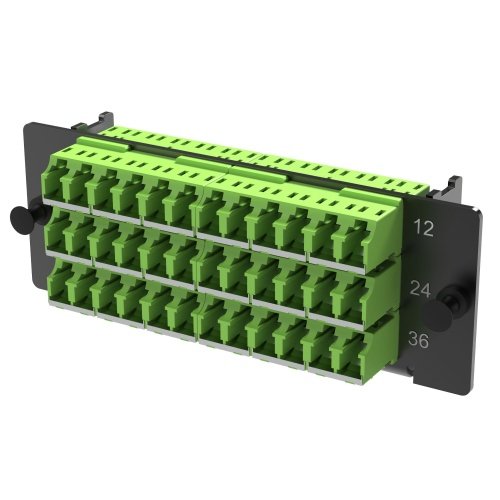 Адаптерная планка 18xLC Duplex адаптеров (цвет адаптеров - желто-зеленый), (c интегрированными шторками), OM5, 1 HU DKC