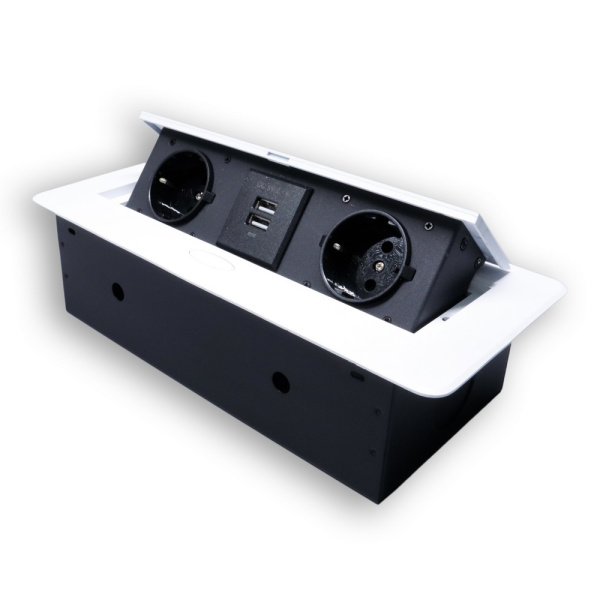 Розетка горизонтальная выдвижная 2 Euro 16A, 2 USB A с блоком 5В/2.1А белый RocketSocket