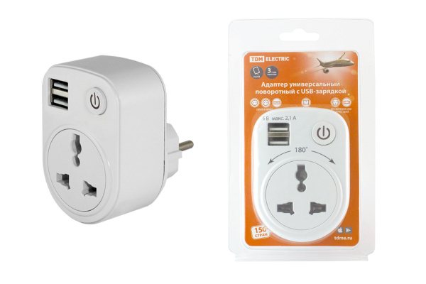Адаптер универсальный поворотный с/з 250В 16А + 2USB 2.1A белый TDM