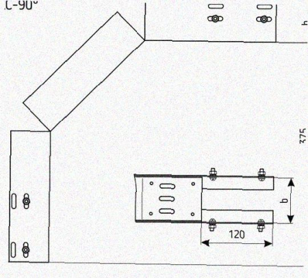 Лоток перфорированный КС 600х65-90 УТ1,5 для поворота трассы вниз на 90, оцинкованный лист S1,5