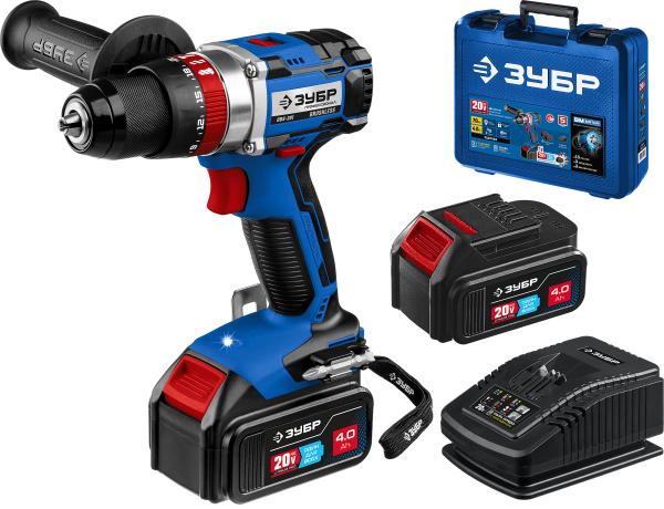 20В бесщеточная ударная дрель-шуруповерт, 2 АКБ (4Ач), в кейсе, Профессионал. DBS-201-42 ЗУБР