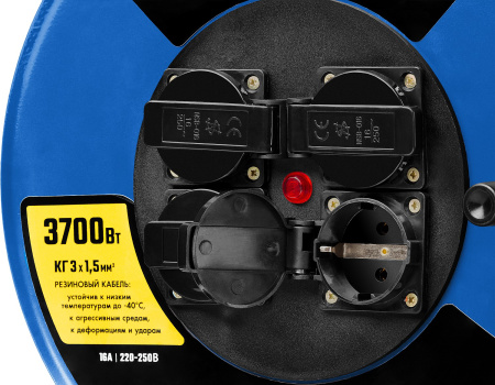 Силовой удлинитель на стальной катушке КГ 3х1.5 30м 3700Вт IP44, КГ 315 ЗУБР