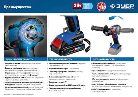 20В бесщеточная ударная дрель-шуруповерт, без АКБ, в коробке, Профессионал. DBS-201 ЗУБР