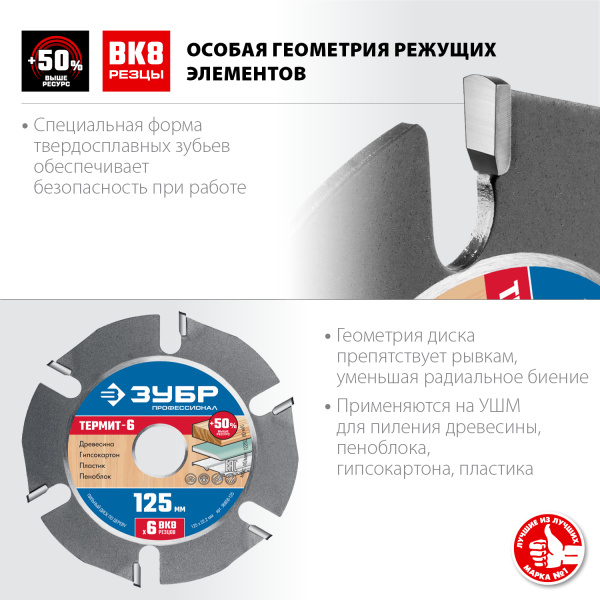 Термит-6 125х22,2мм, 6 резцов, диск пильный по дереву для УШМ, усиленный ЗУБР