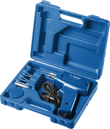 Импульсный паяльник в наборе, 150Вт, нагрев 6 сек., канифоль, припой, 2 сменных жала, в кейсе ЗУБР