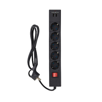 Сетевой фильтр, 5 гнезд, 3м, с заземлением, с защитными шторками, ПВС 3 IP0, 75, 2USB 2200Вт, 10А, черный, duwi