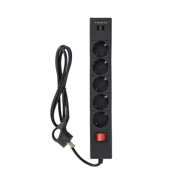 Сетевой фильтр, 5 гнезд, 3м, с заземлением, с защитными шторками, ПВС 3 IP0, 75, 2USB 2200Вт, 10А, черный, duwi