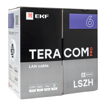 Кабель витая пара TERACOM PRO Cat,6 U/UTP 4 пары solid 23AWG оболочка LSZH нг(А)-HF цвет серый (упак, 305м) EKF