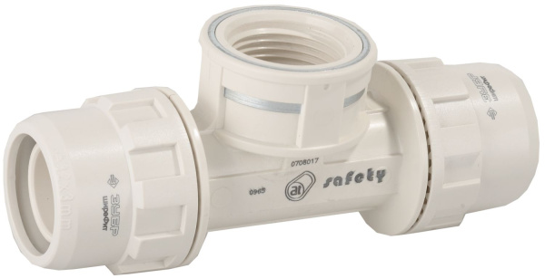 Тройник "ШиреФит" переходной "штуцер с гайкой - внутренняя резьба - штуцер с гайкой", 26мм-3/4"-26мм ЗУБР