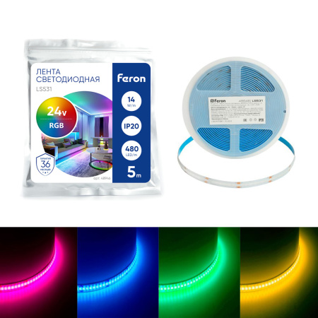 Лента светодиодная 480SMD(2110)/ 14Вт/м 24V 5000*8*1.8мм RGB, IP20, LS531 FERON