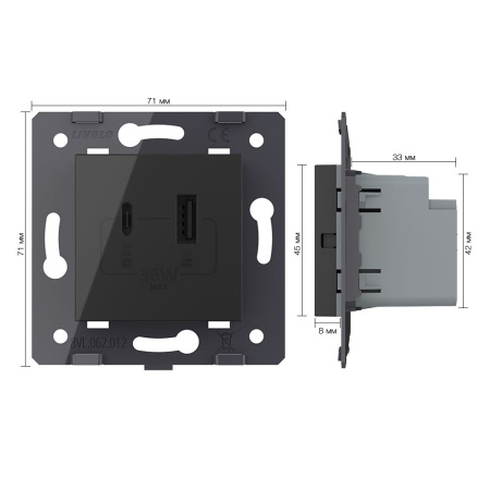 Розетка USB type C+A с блоком питания 36W, цвет черный (механизм) Livolo