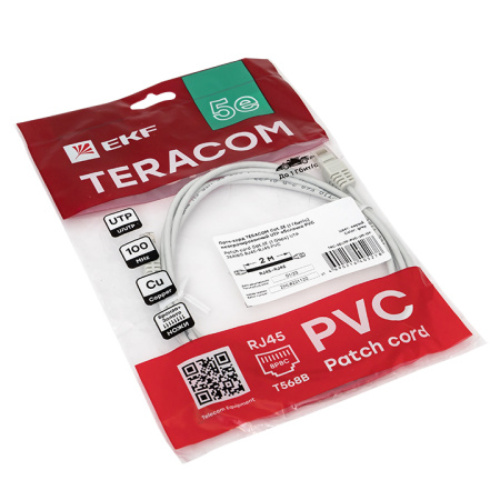 Патч-корд TERACOM Cat,5E (1Гбит/с) неэкранированный UTP оболочка PVC серый (2м) EKF