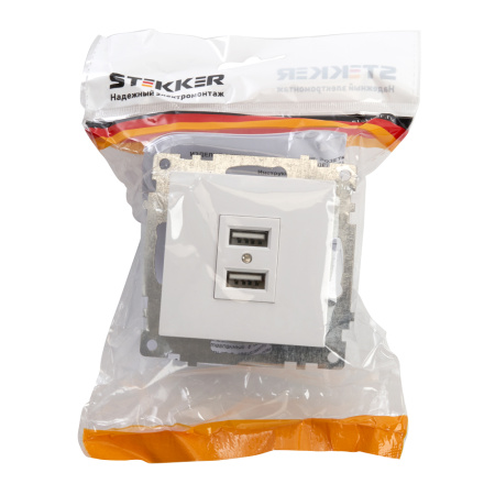 Розетка USB 2-местная (механизм), STEKKER GLS10-7115-01, 250B, 2,1А, серия Катрин, белый Розетка USB 2-местная (механизм), STEKKER GLS10-7115-01, 250B, 2,1А, серия Катрин, белый