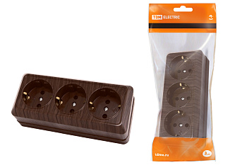 Розетка 3-х местная горизонтальная 2П+3 открытой установки IP20 16A бук "Ладога" TDM Розетка 3-х местная горизонтальная 2П+3 открытой установки IP20 16A бук "Ладога" TDM