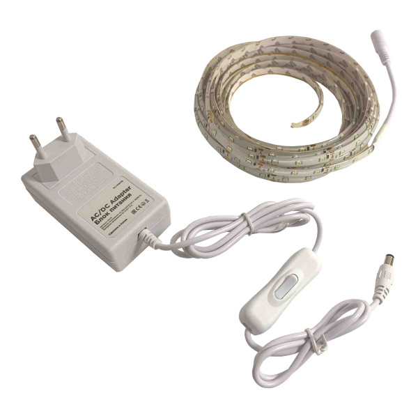 SL-26 Комплект светодиодной ленты 12В, 4,8Вт/м, smd3528, 60д/м, IP65, 220Лм/м, ширина подложки 8мм, 5м, х/б, 6500К, с аксессуарами (адаптер... APEYRON