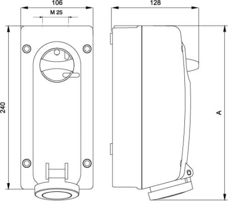 Розетка настенная с механической блокировкой и боковым расположением разъема IP44 16А 3P+E 400В DKC