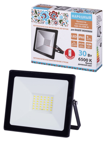 Прожектор светодиодный СДО-04-030Н-Ф (с фотореле) 30 Вт, 6500 К, IP65, черный, Народный TDM