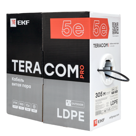 Кабель витая пара TERACOM PRO Cat,5E F/UTP 4 пары solid внешний 24AWG оболочка LDPE цвет черный (упак, 305м) EKF