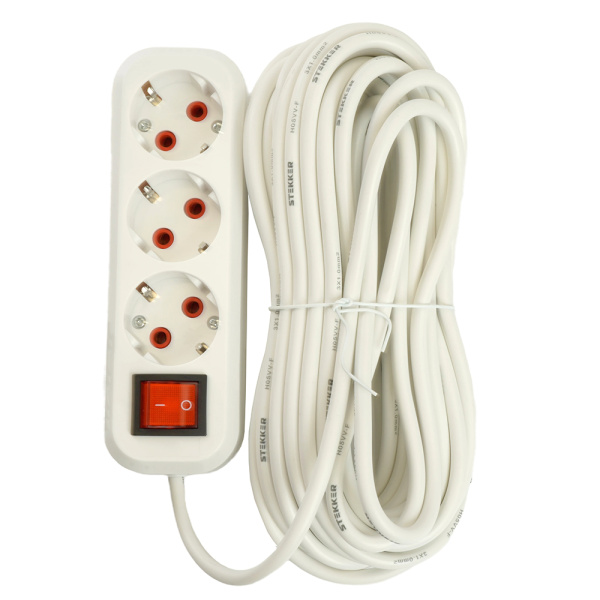 Удлинитель трехместный с/з с выключ. STEKKER HM07-31-05 3x1мм², 5м, серия Home (У16А-002), белый