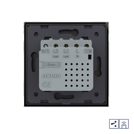 Двухклавишный проходной сенсорный выключатель Module с функцией радиоуправления, цвет черный Livolo