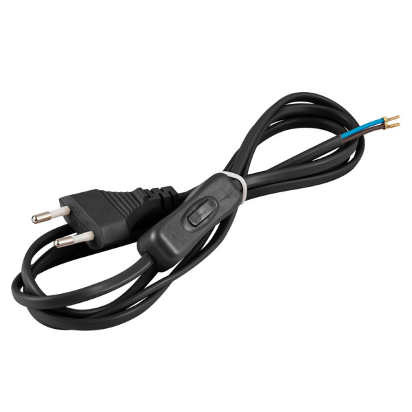 Провод с евроштекером черный, с выключателем, 2м, 2х0,5мм, 2,5А duwi 