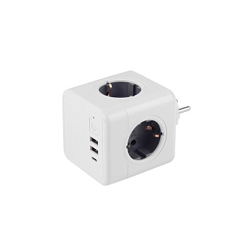 Разветвитель Cube Original 4 Euro 16А, 3 USB 2A+C с блоком 5В/3.0А RocketSocket, цвет белый-серый