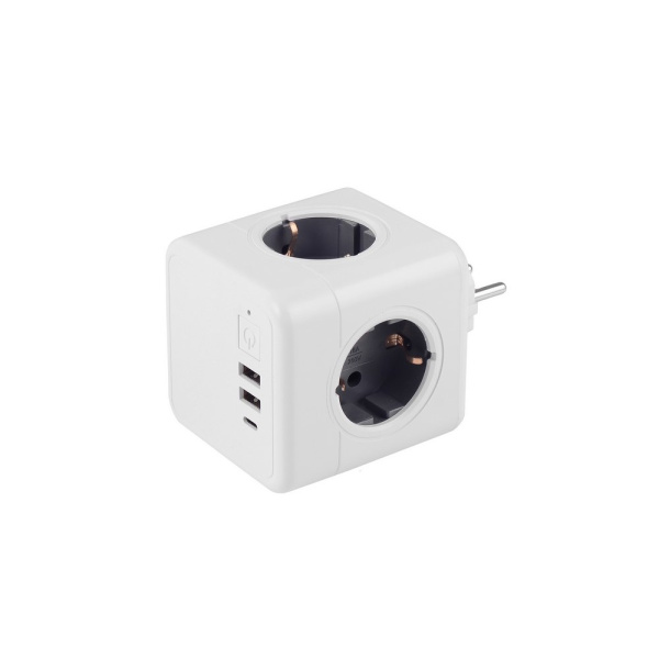 Разветвитель Cube Original 4 Euro 16А, 3 USB 2A+C с блоком 5В/3.0А RocketSocket, цвет белый-серый