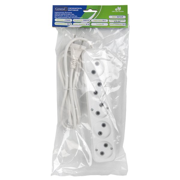 Удлинитель бытовой GES-10-2x075-5-1,5m, 10А, 2х0,75 мм2, 5 мест, 1,5 метра, без заземления, без выключателя General