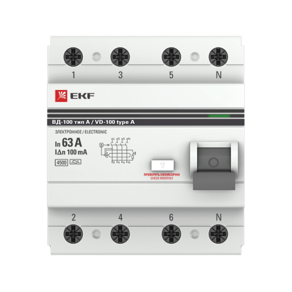 Устройство защитного отключения ВД-100 УЗО 4П 63А (электр, тип А) 4,5кА 100мА PROxima EKF
