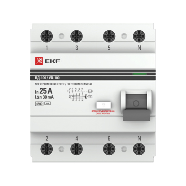 Устройство защитного отключения ВД-100 УЗО 4П 25А (электромеханическое) 4,5кА 30мА PROxima EKF