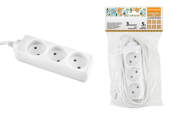 Удлинитель народный  УН3  3 гнезда, 5метров, б/з, ШВВП 2х0,75 мм2  6А/250В TDM