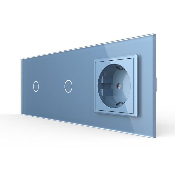 Сенсорный выключатель комбинированный на 2 линии 1 розетка 3 модуля Синий Livolo