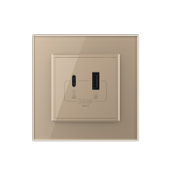 Розетка USB type C+A с блоком питания 36W Livolo 1 пост Золотая VL-C7VUA18W.UC18W-2AP