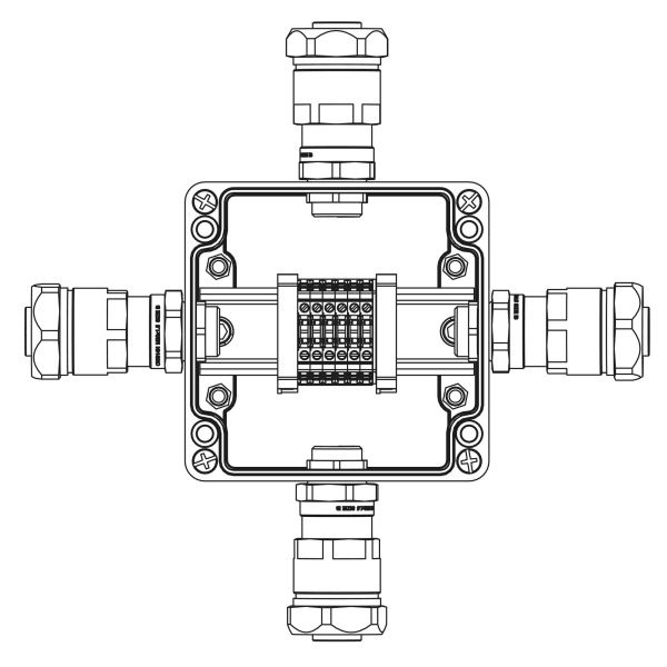 Взрывозащ. клемм. коробка из полиэстера TBE-P-03-(6xCBC.2)-1x6018ANP22BKM2SB(A)(B)(C)(D)1Ex e IIC Т5 Gb /Ex tb IIIC T95°C Db IP66 DKC