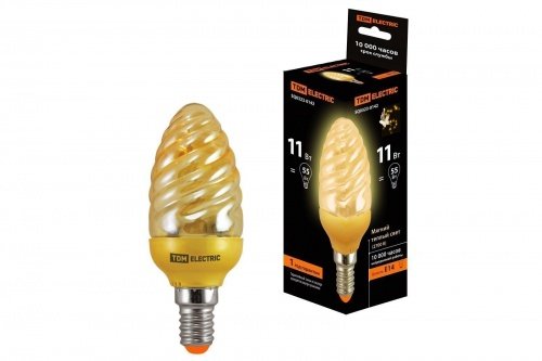 Лампа энергосберегающая КЛЛ-СGT-11 Вт-2700 К–Е14 TDM (золотая витая свеча) (mini) фото 2
