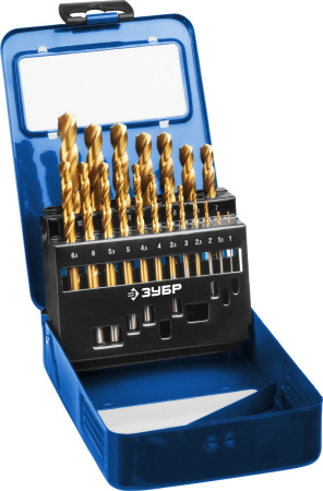 ТИТАН 19шт(1-10мм), Набор сверл по металлу, сталь Р6М5, класс А, титановое покрытие, мет.бокс ЗУБР