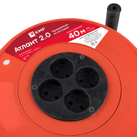 Удлинитель на катушке "Атлант 2,0" 4 гнезда 40м без заземления ПВС 2*0,75 6А/1,3кВт PROxima EKF