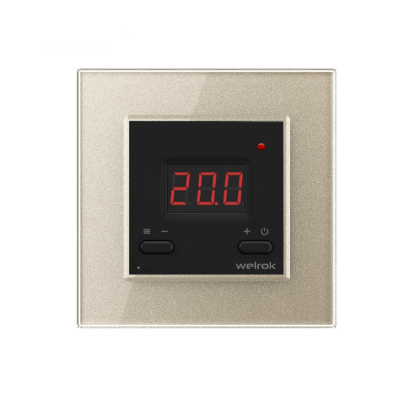 Терморегулятор Welrok AZ Wi-Fi для рамки LIVOLO с электронным управлением, датчик пола 3 м, цвет черный с рамкой шампань Терморегулятор Welrok AZ Wi-Fi для рамки LIVOLO с электронным управлением, датчик пола 3 м, цвет черный с рамкой шампань