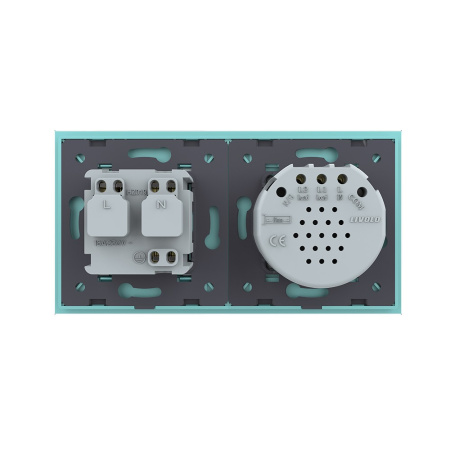 Сенсорный выключатель комбинированный на 2 линии 1 розетка 2 модуля Зеленый Livolo